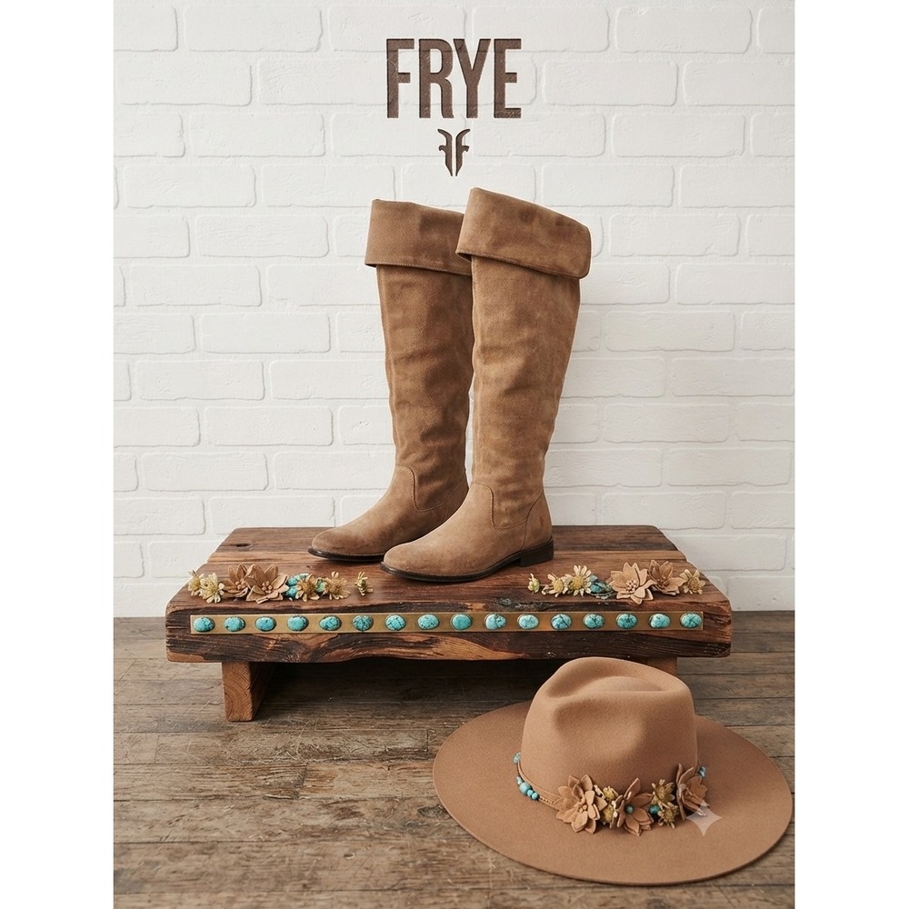 Frye‎ Melissa Over The Knee Boots Tan Suede Boho fold Over Cuff Tall Flat Boot